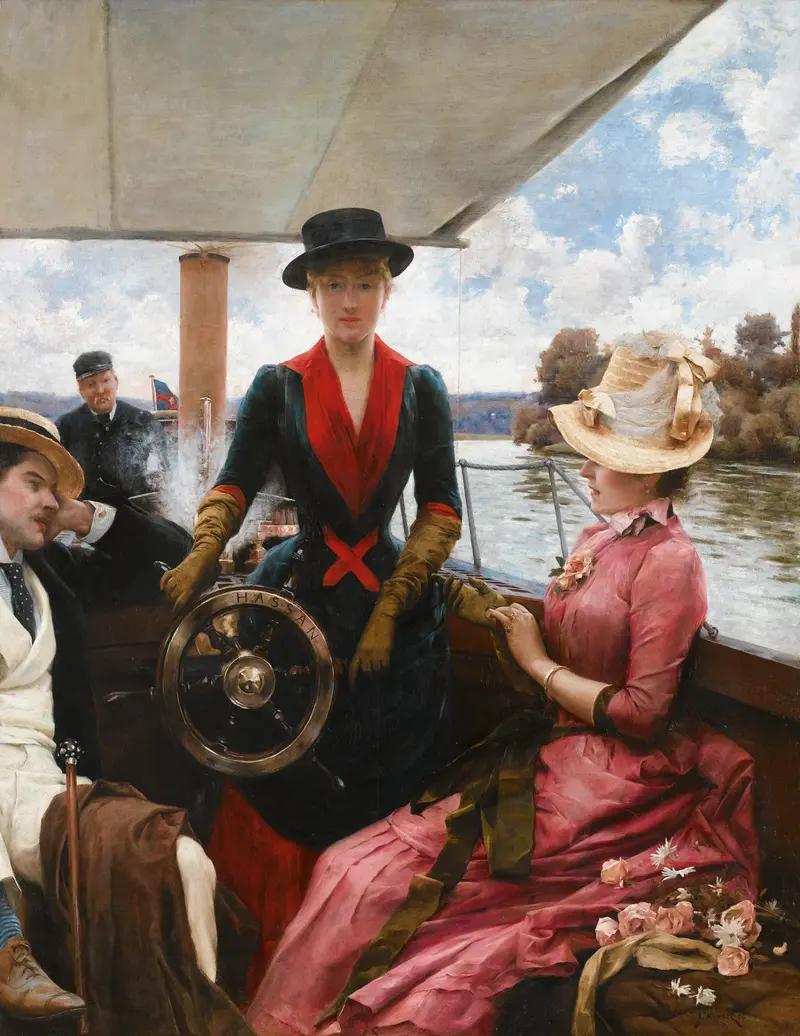 Julius Leblanc Stewart's painting 'Full Speed' captures a dynamic marine scene.
