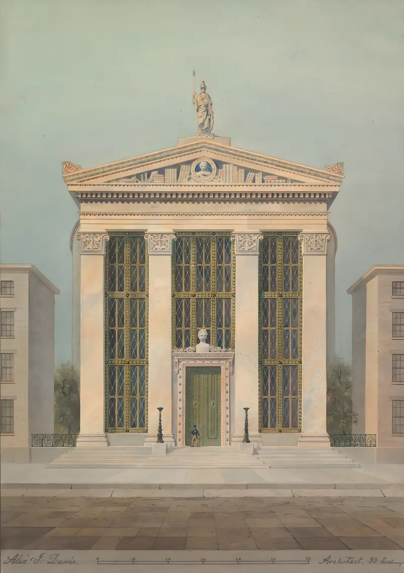 Study for the Astor Library, New York by Alexander Jackson Davis, ink on paper, featuring intricate stonework.