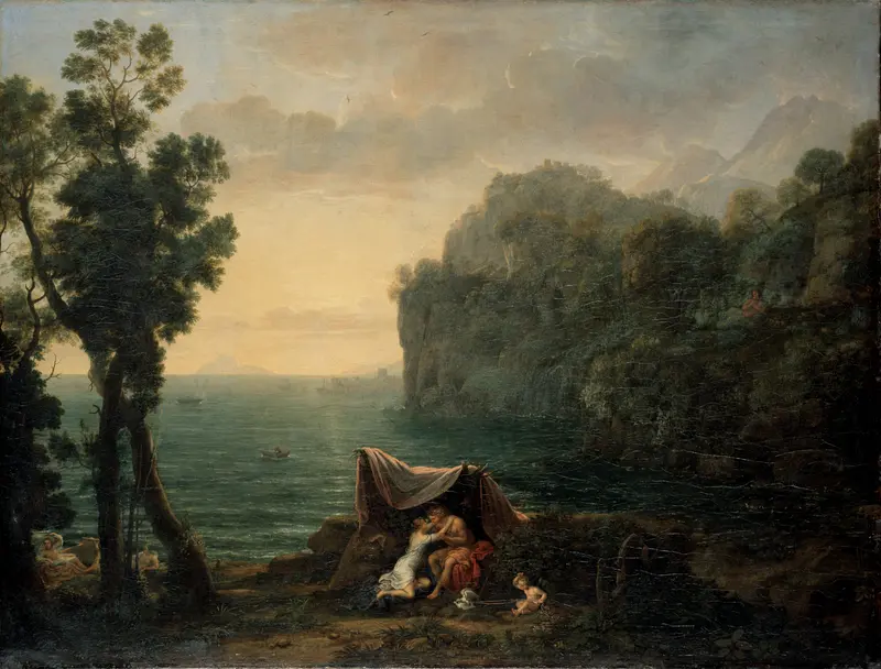 Landscape with Acis and Galatea, oil on canvas by Claude Lorrain, featuring mythological figures in a serene landscape.