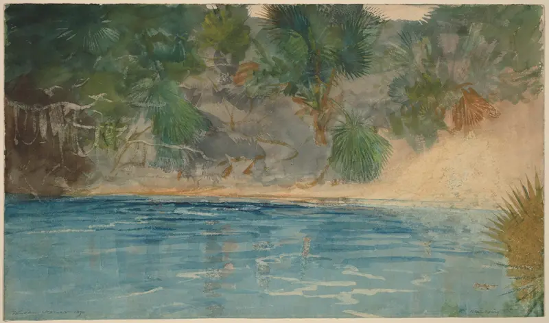 Blue Spring, Florida by Winslow Homer, oil painting of flowing water and lush foliage.