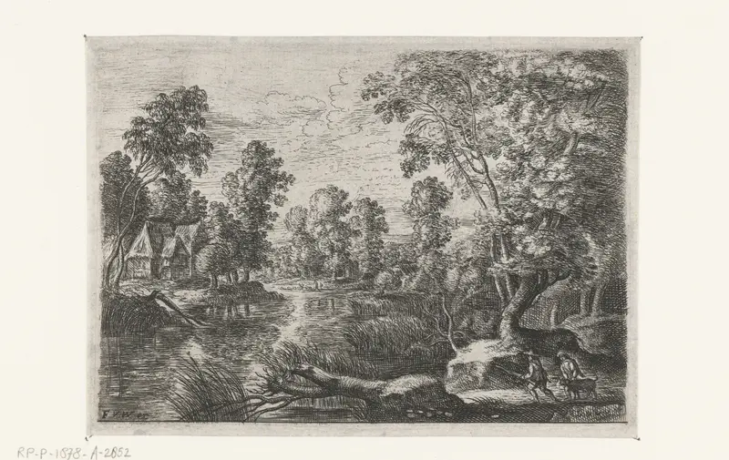 Landscape with a brook and a hunter, etching by Lucas van Uden