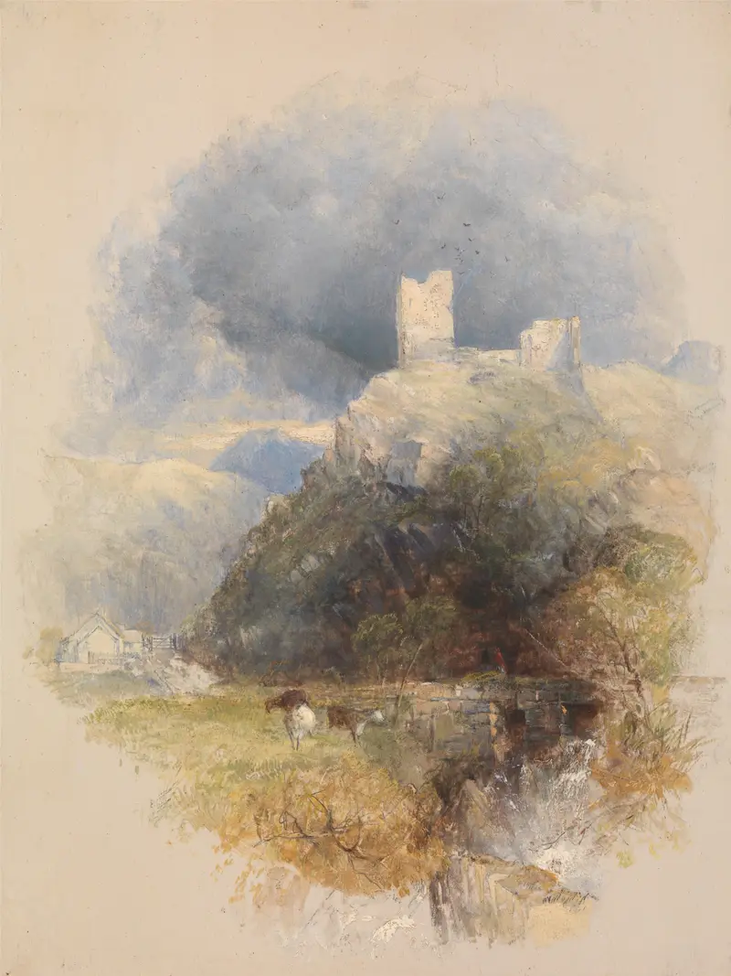 Dolwyddelan by Thomas Creswick, oil on canvas depicting a stormy mountain landscape.