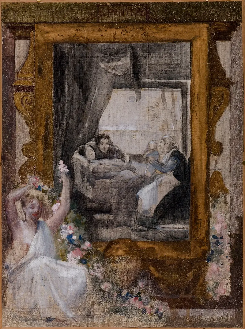 A woman reclines in bed, gazing at an infant held by another figure, surrounded by floral motifs heralding spring.