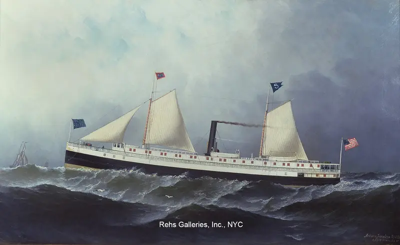 A proud ship cuts through dark waves, its white hull gleaming against a stormy sea and sky.