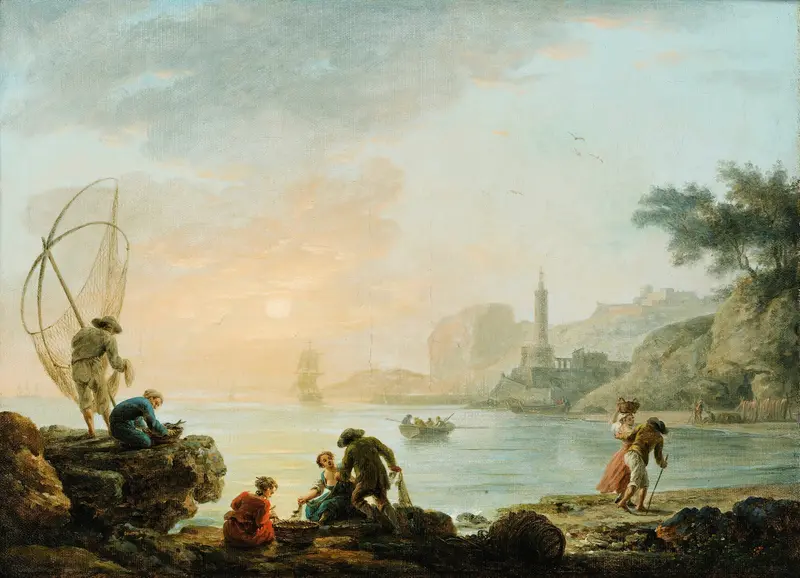 Fishers at the sunrise, oil on canvas by Claude-Joseph Vernet, depicting fishermen at dawn.
