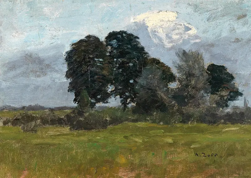 Impressionism landscape by Alfred Zoff featuring trees and dappled light.