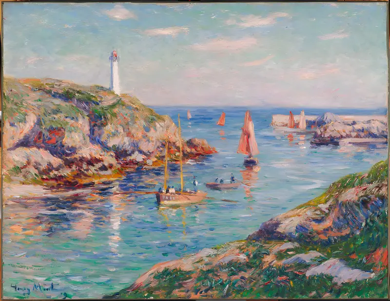 Oil painting by Henry Moret depicting a vibrant harbor scene with boats and swirling water.