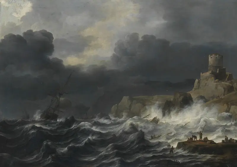 Seascape by Jan Theunisz. Blanckerhoff, oil on canvas depicting boats at sunset.