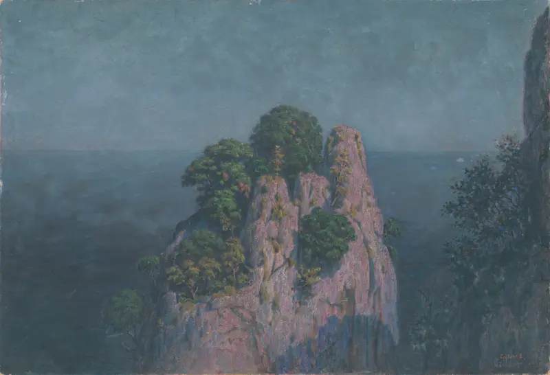 Seascape with Rocks by Dezider Czölder, oil painting depicting rocky formations and waves.