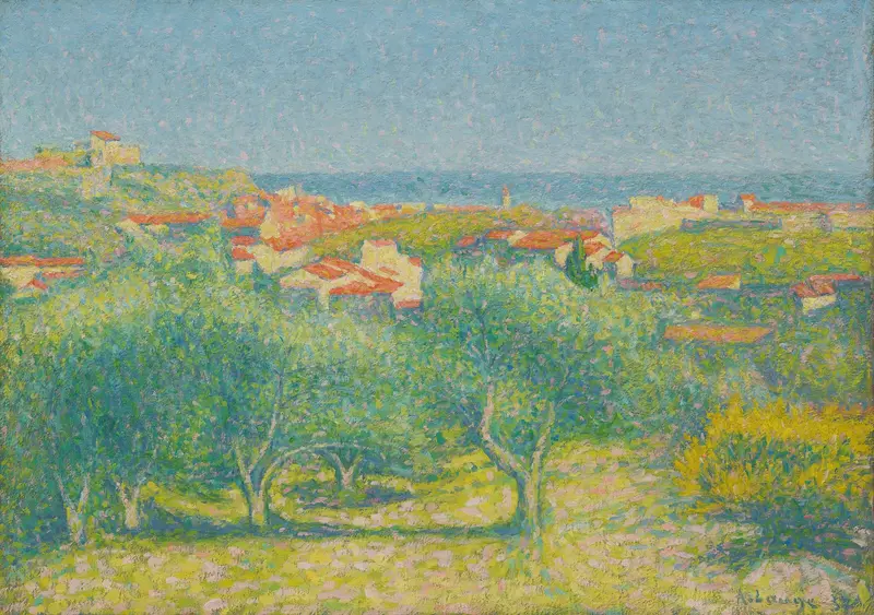 Vue de Collioure by Achille Laugé, oil painting depicting a vibrant landscape with sky and buildings.
