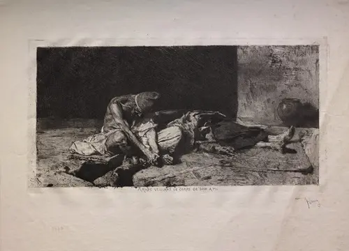 An Arab man watches over the body of his friend in a dramatic scene.