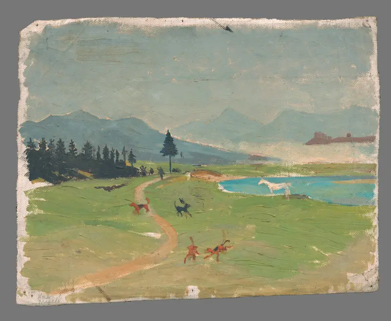 A white horse stands at the water's edge of a blue bay, with animated figures and distant mountains in the background.