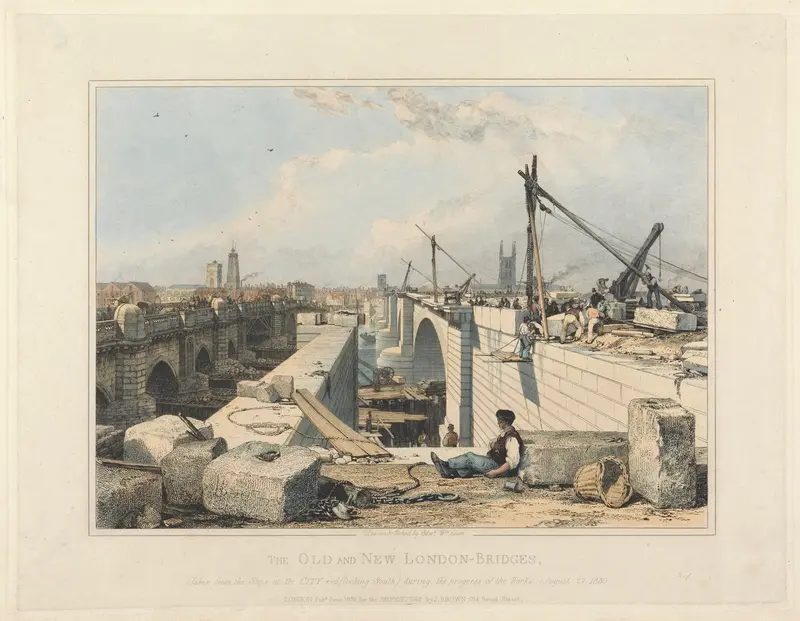 The Old and New London Bridge by Edward William Cooke, oil painting depicting contrasting architecture.