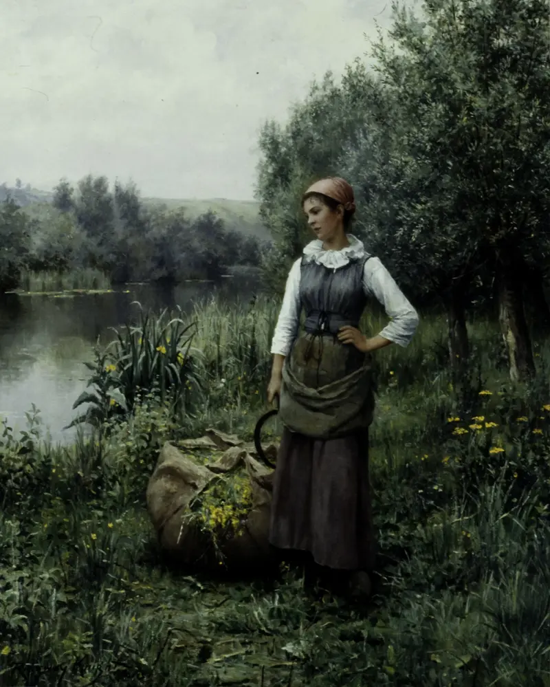 A young girl sits by a stream in a serene landscape.
