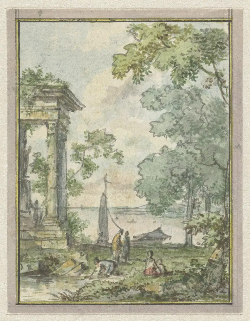 Landschap met tempelruïne by Jurriaan Andriessen, oil on canvas depicting a temple ruin against an azure sky.