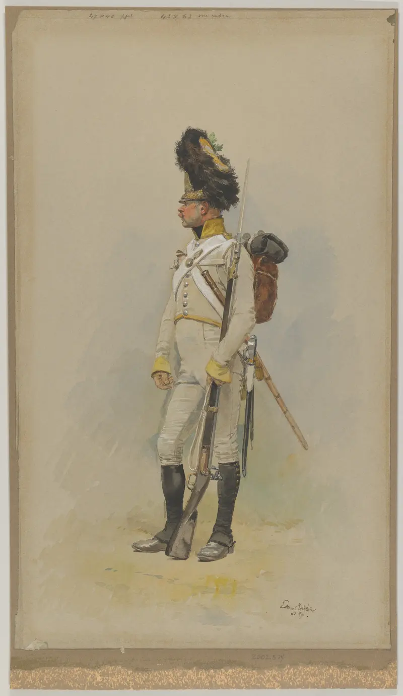 A standing soldier in a uniform poses confidently, holding a sword and wearing a plumed hat.