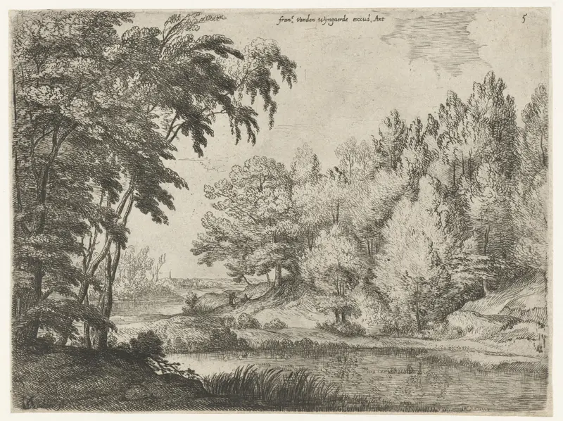 Landschap met een kronkelende rivier, etching by Lodewijk de Vadder depicting a river in a lush landscape.