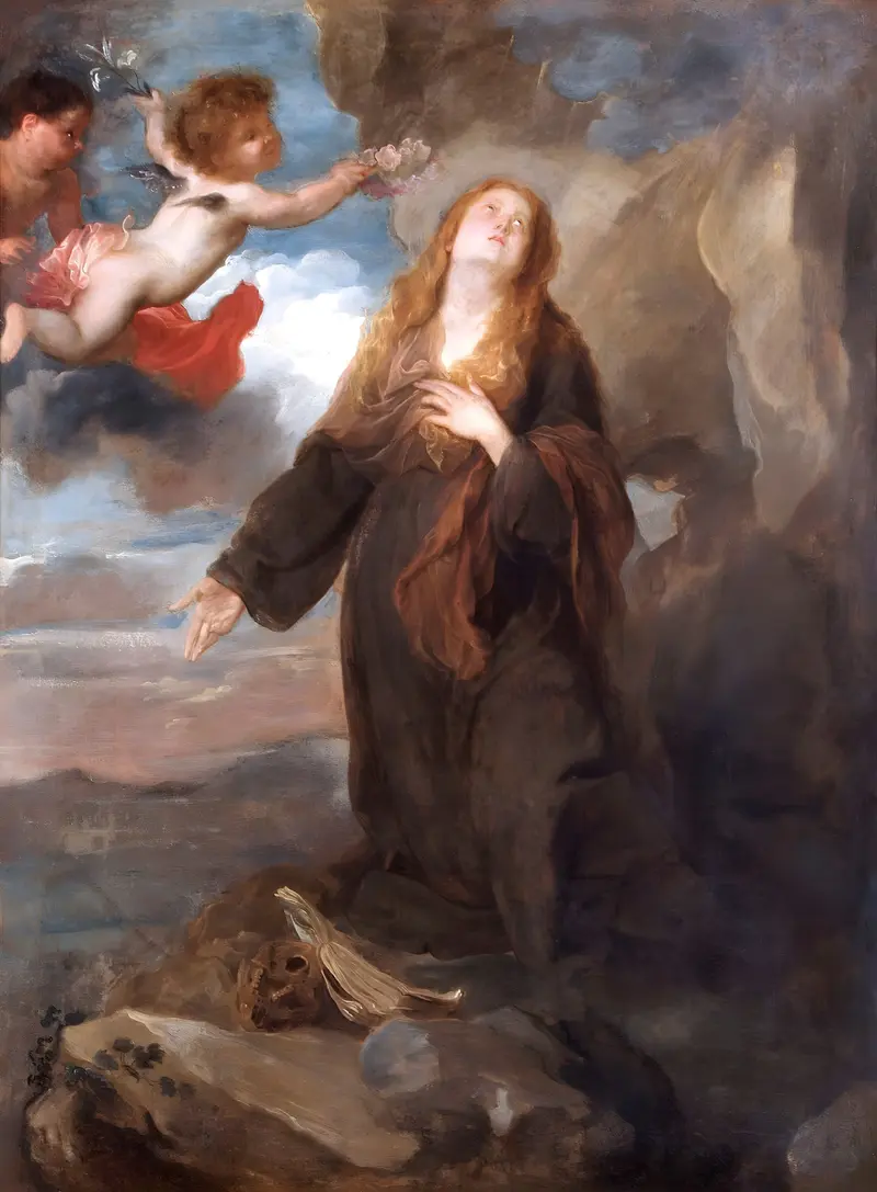 Saint Rosalie is crowned with roses by two angels in this Baroque painting.