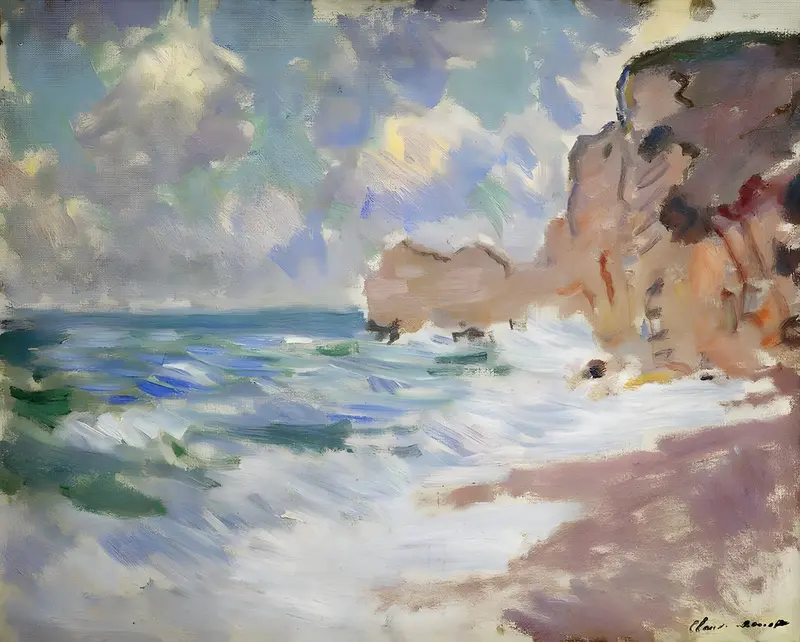 A dramatic seascape depicting the powerful waves at Étretat by Claude Monet.