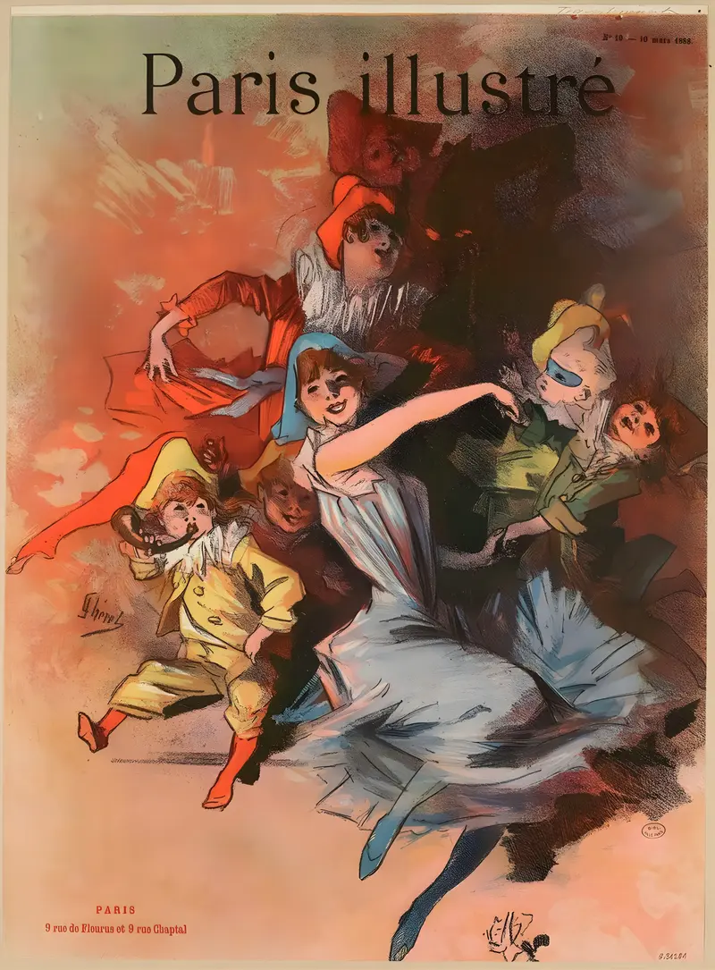 A vibrant poster by Jules Chéret showcasing Parisian life.