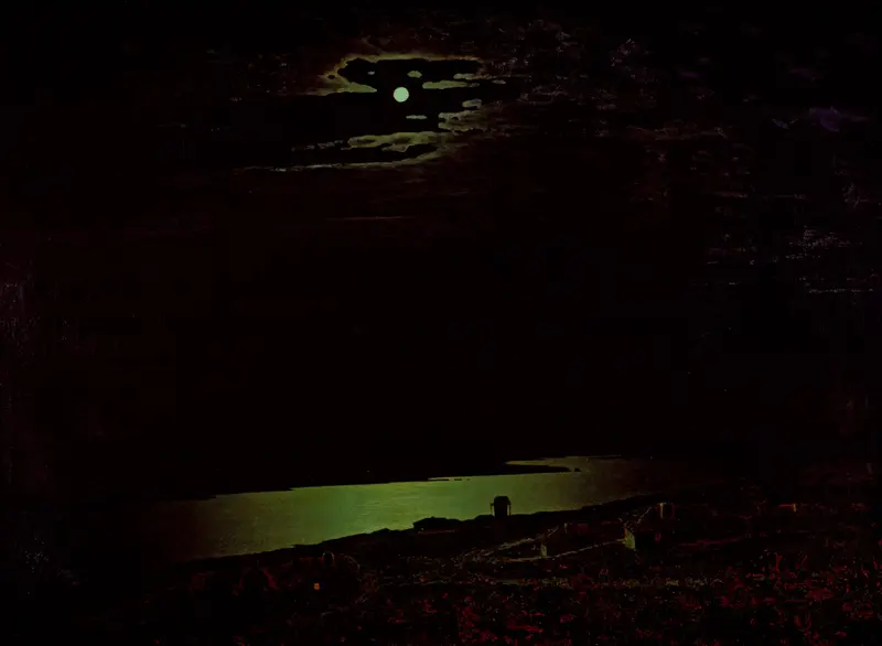 A luminous band of moonlight illuminates the Dniepr river, casting the surrounding landscape into darkness.
