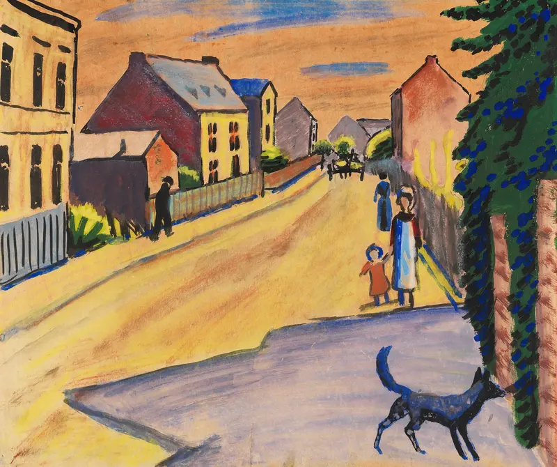 Sonnige Straße mit Hund by August Macke, oil painting depicting a vibrant street scene.