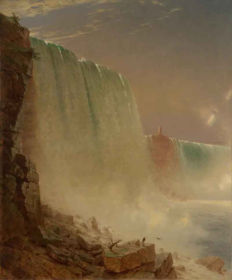Niagara Falls by John Ferguson Weir, oil painting depicting a waterfall and rocky cliffs.