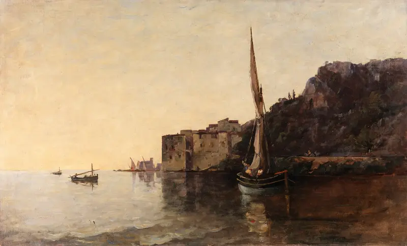 Landscape depicting Villefranche with hills and sky by Nathaniel Hone the Younger, oil painting