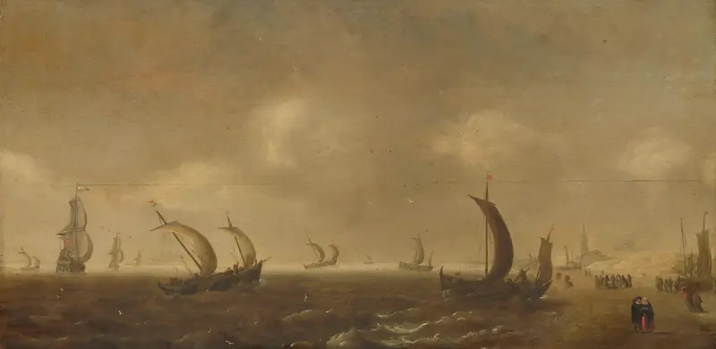 Seascape on the Beach at Scheveningen by Willem van Diest, oil painting depicting gentle waves and a vast sky.