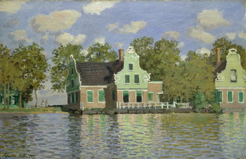 Houses by the Bank of the River Zaan by Claude Monet, oil painting depicting a tranquil river landscape.