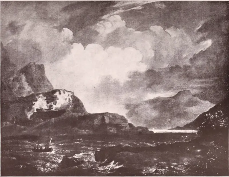 A dramatic depiction of Lake Thun with shifting clouds and distant mountains.