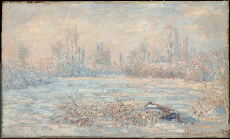 Le Givre by Claude Monet, oil painting depicting a winter landscape with frost.