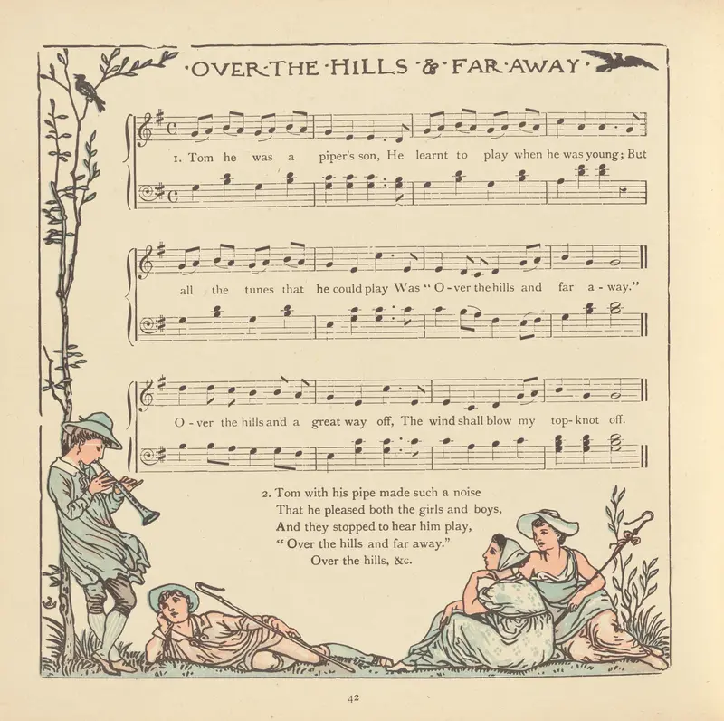 A serene landscape painting by Walter Crane featuring rolling hills and a tranquil sky.