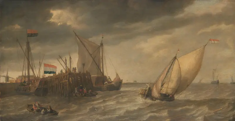 Marine scene of travellers at a jetty in strong winds, oil painting by Bonaventura Peeters the Elder.