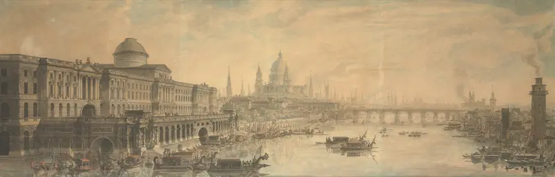 Somerset House, Saint Paul’s Cathedral and Blackfriar’s Bridge by Louis Jean Desprez, unknown medium
