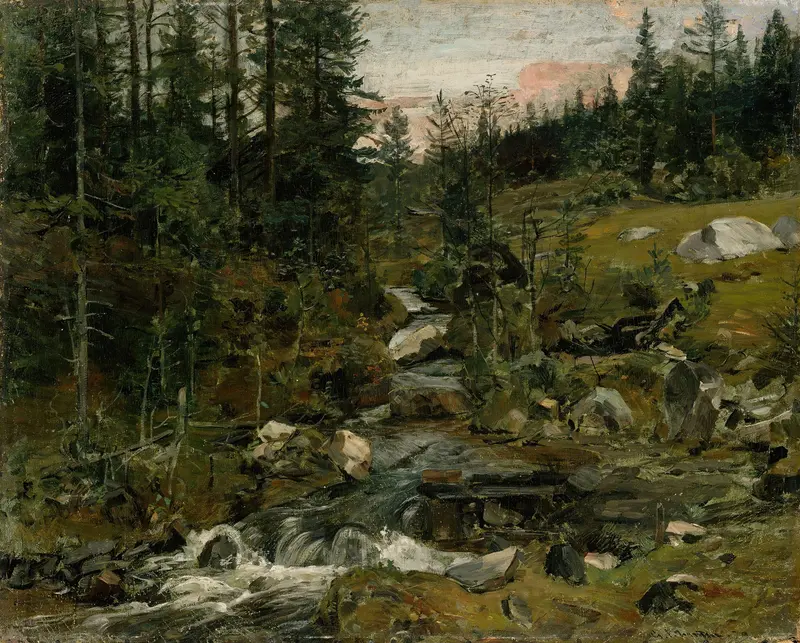 Brook at Øylo by Gerhard Munthe, depicting a tranquil landscape with water and trees, oil painting.