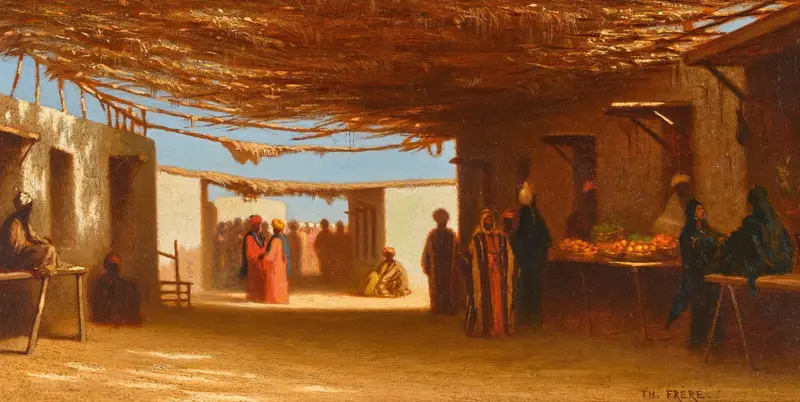 A Bazaar in Cairo by Charles Théodore Frère, depicting a lively market scene with fabric stalls, oil painting.