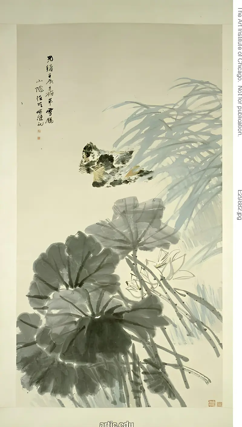 Mandarin Ducks and Lotus by Ren Yi, paper, featuring mandarin ducks and lotus flowers