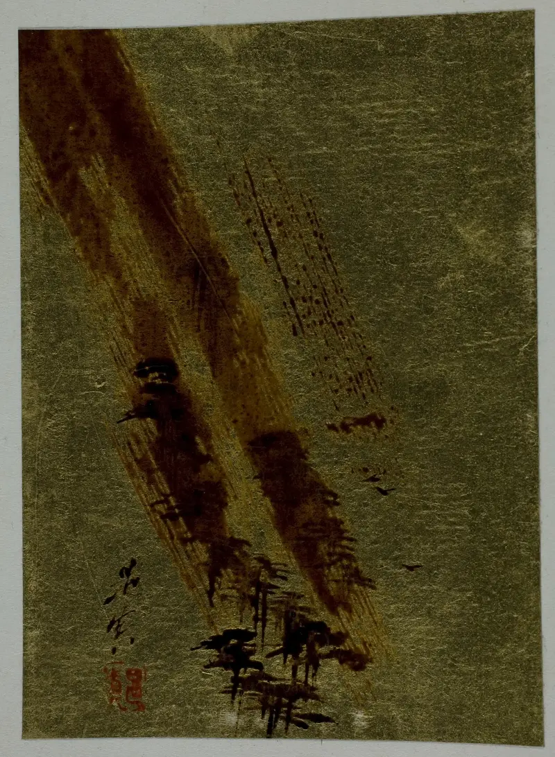 Landscape by Shibata Zeshin, paper artwork depicting nature with swirling grasses.