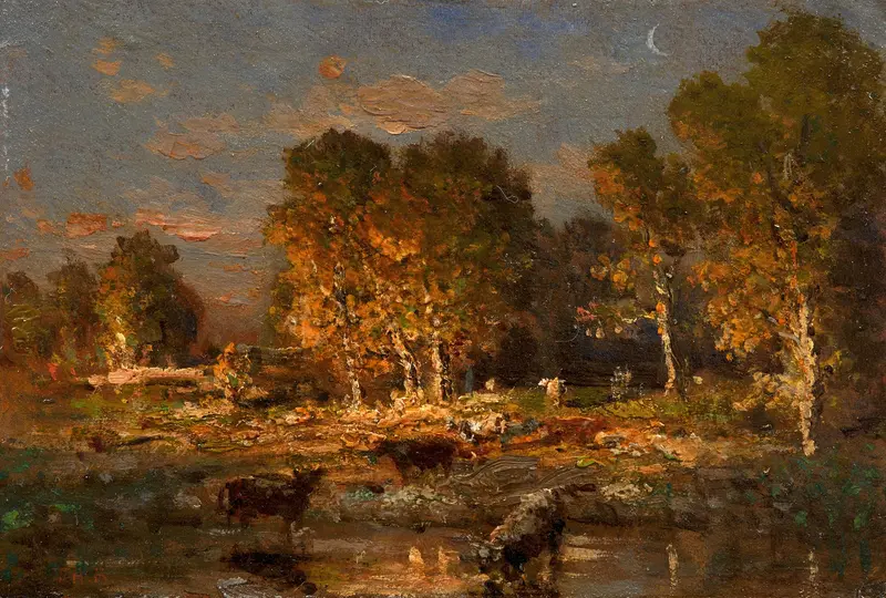 Cows drinking at sunset, oil painting by Théodore Rousseau