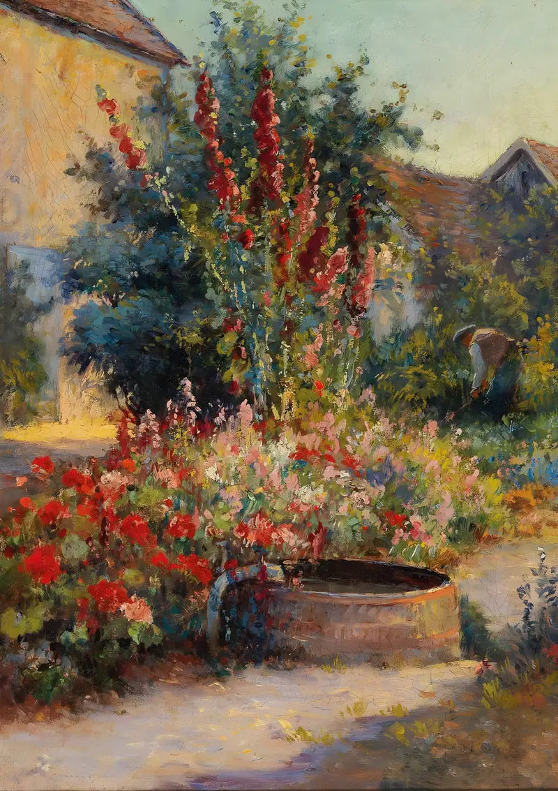 Garten in Brioni by Hugo Charlemont, oil painting depicting lush garden foliage and flowers.
