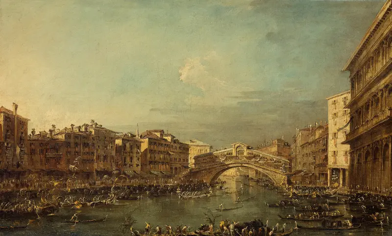 Regatta on the Grand Canal, oil painting by Francesco Guardi showing boats and a lively crowd.