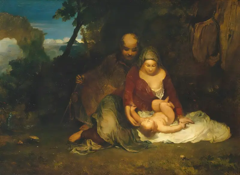 A depiction of the Holy Family in a humble interior, with soft golden light illuminating the scene.