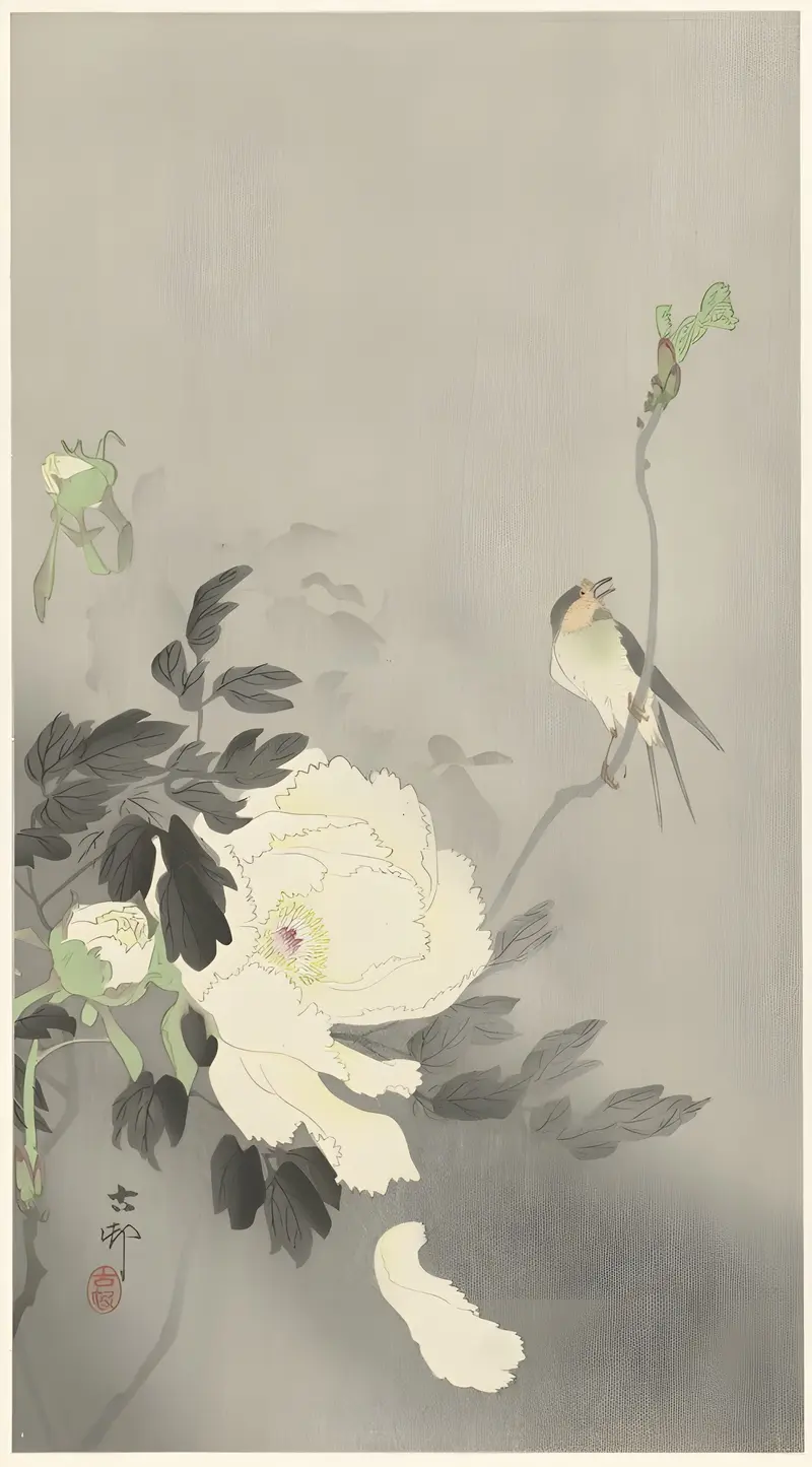 A beautiful woodblock print featuring a swallow and a peony flower.