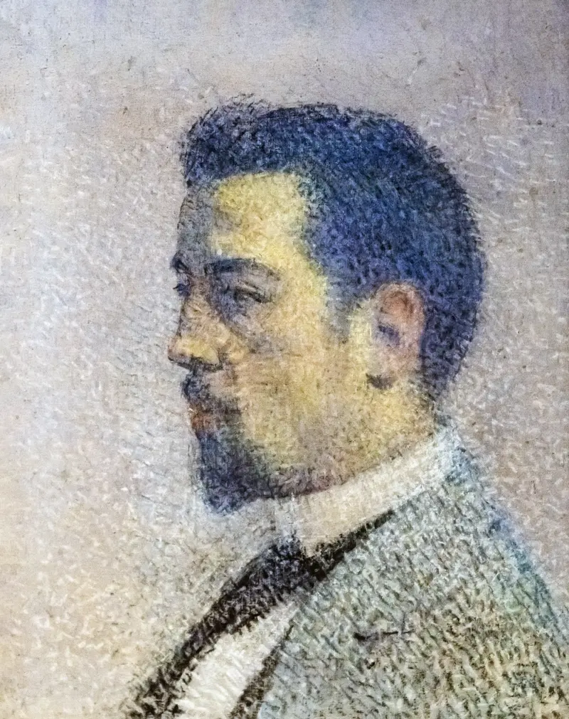 A portrait of a man with a profile emerging from a haze of lavender and ochre, created using pointillist technique.