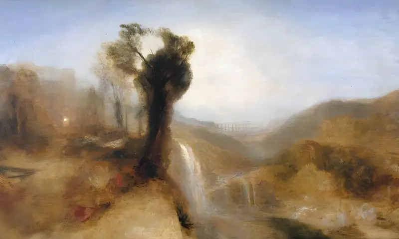 A tall dark tree stands center with a waterfall to the right, an aqueduct arches across distant hills, and a hazy grove appears to the left under a pale sky.
