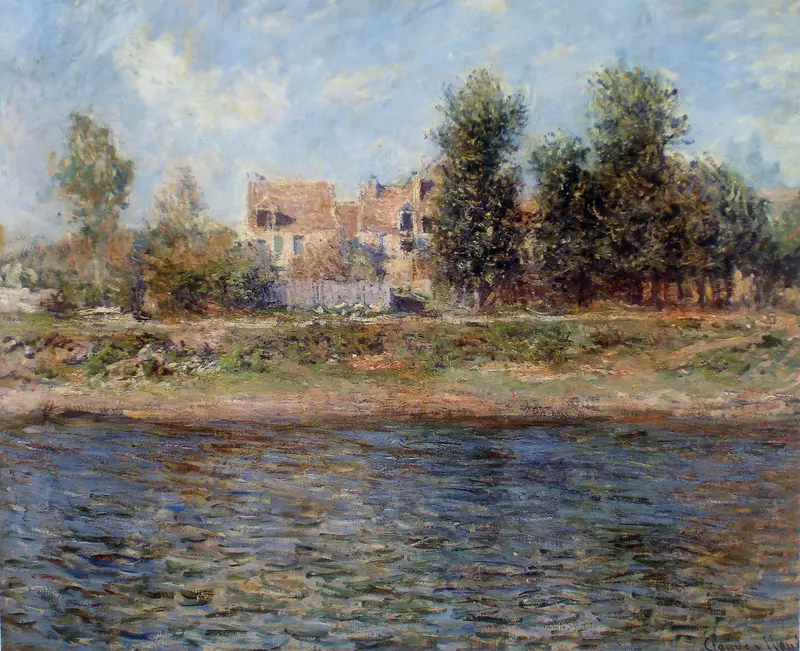 A vibrant depiction of the Seine riverbank by Claude Monet, showcasing light and color.