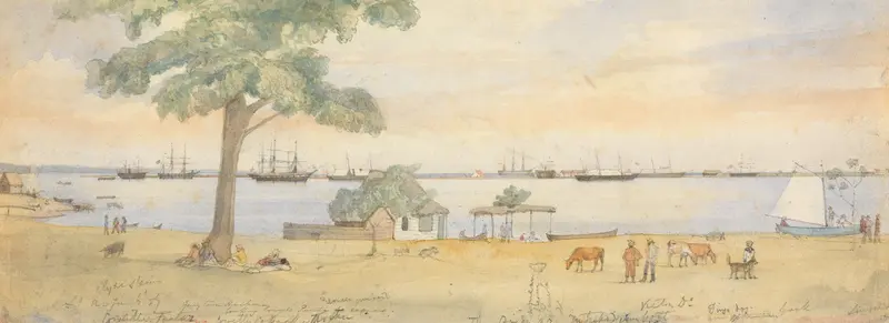Landscape oil painting by Godfrey Thomas Vigne featuring soft gradients of blue and green.