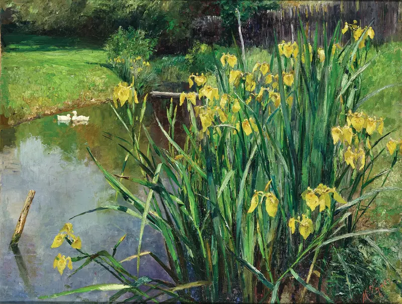 Yellow irises by a pond, oil painting by Marie Egner