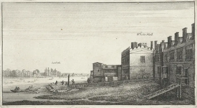 Gezicht op Lambeth gezien over de Theems vanuit Whitehall Stairs, etching by Wenceslaus Hollar